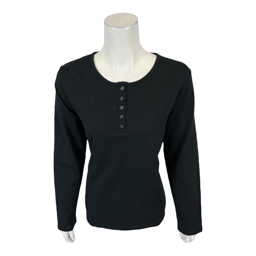 Denim & Co. Women's Set of 2 Long Sleeves Stretch Henleys Tops Black Medium Size